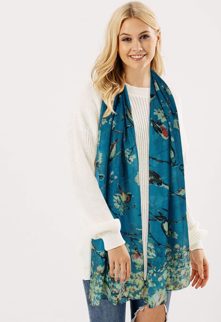 GERINLY Scarfs for Women Head Covering Fashion Floral Birds Print Cotton Headscarf Gifts Wide Light Shawl (Teal) - Image 3