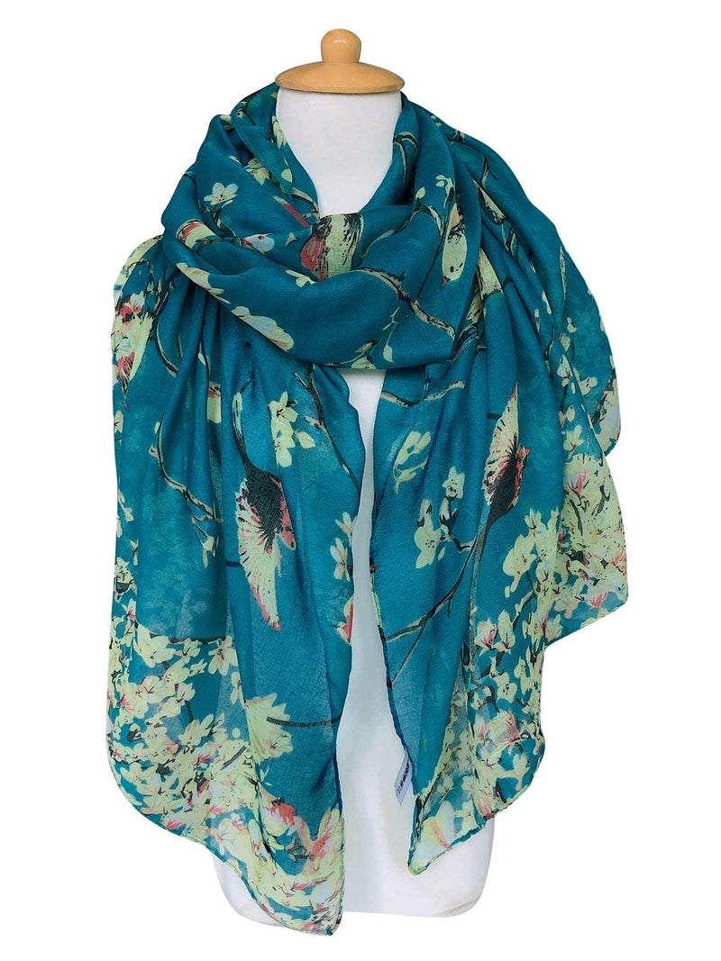 GERINLY Scarfs for Women Head Covering Fashion Floral Birds Print Cotton Headscarf Gifts Wide Light Shawl (Teal) - Image 2