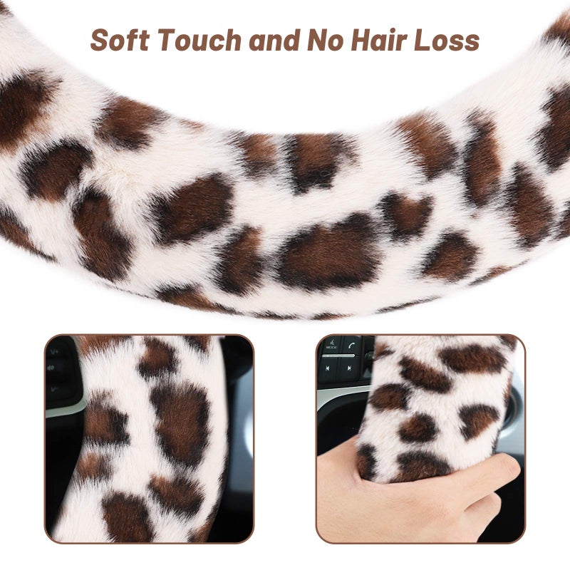 accmor Fuzzy Steering Wheel Cover for Women Girls, Accmor Universal Fit 15 inch Fur Car Wheel Cover & Handbrake Cover & Gear Shift Cover Set, Fashion Leopard Winter Warm Fluffy Vehicle Wheel Protector - Image 4
