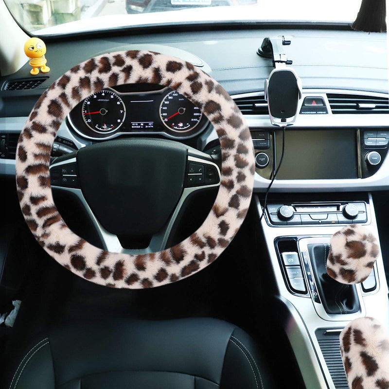 accmor Fuzzy Steering Wheel Cover for Women Girls, Accmor Universal Fit 15 inch Fur Car Wheel Cover & Handbrake Cover & Gear Shift Cover Set, Fashion Leopard Winter Warm Fluffy Vehicle Wheel Protector - Image 3