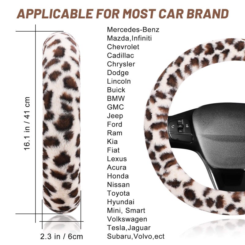 accmor Fuzzy Steering Wheel Cover for Women Girls, Accmor Universal Fit 15 inch Fur Car Wheel Cover & Handbrake Cover & Gear Shift Cover Set, Fashion Leopard Winter Warm Fluffy Vehicle Wheel Protector - Image 2