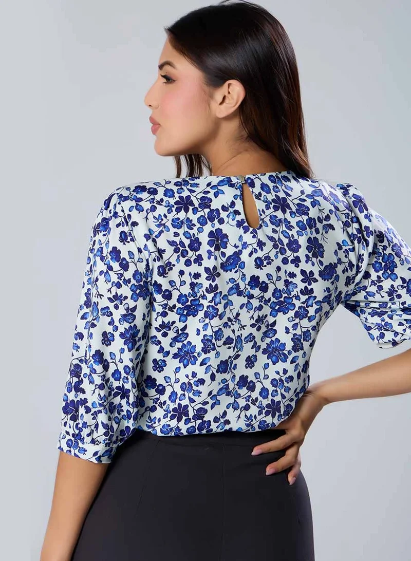 Zigzag Half Sleeve Printed Chiffon Print Blue Top