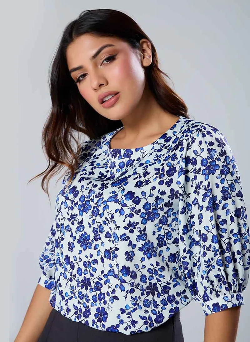 Zigzag Half Sleeve Printed Chiffon Print Blue Top