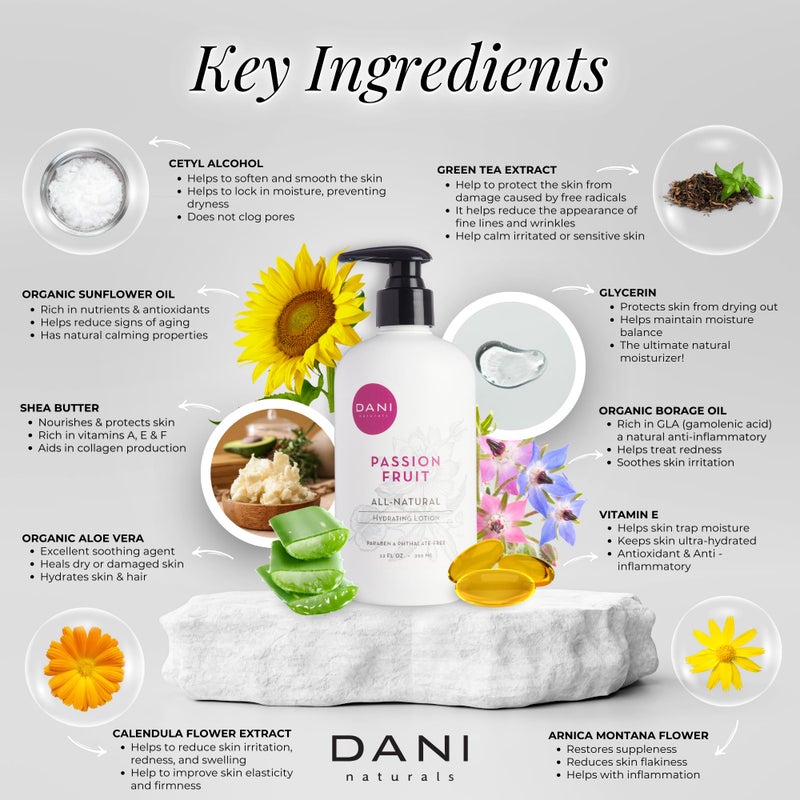 DANI Naturals Hand & Body Lotion - Juicy Passion Fruit Scented, Deep Hydration for Dry & Dull Skin with Shea Butter, Aloe Vera & Vitamin E, Vegan, Paraben-Free, 12 Oz - Image 3