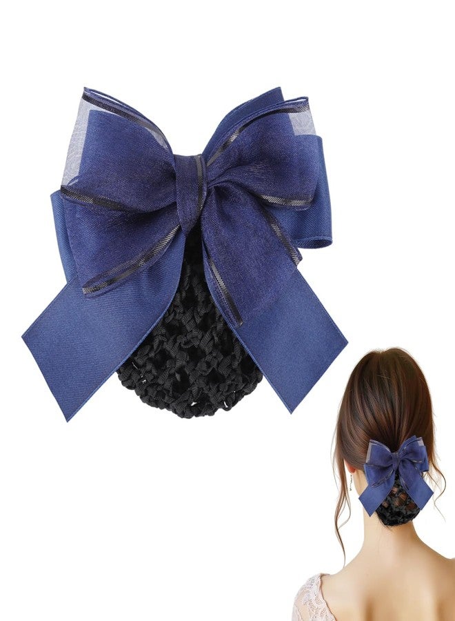 MAYCREATE® Hair Bun Net for Women, Fashion Blue Bow Thickened Hair Net Cover with Clip for Flight Attendants, Bank Staff, Hotel Workers - Keeps Hair Secure, Neat and Elegant Style - Image 1