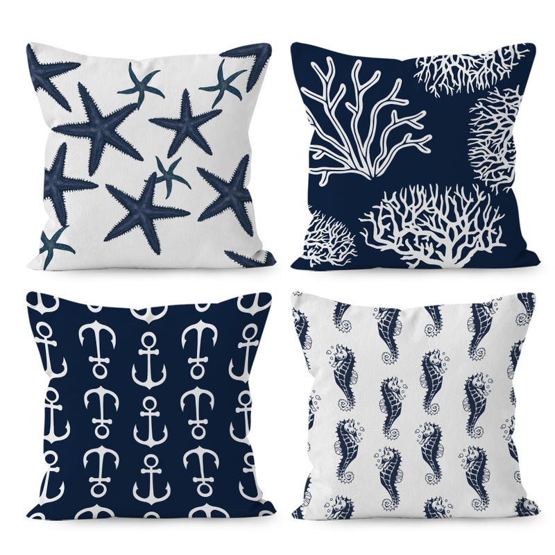 HUYAW Navy Blue Nautical Ocean Starfish Coral Seahorse Anchor Throw Pillow Covers Ocean Nautical Gifts Sea Animal Pillow Cases 18 x 18 Inch Home Ship Sofa Decor Set of 4