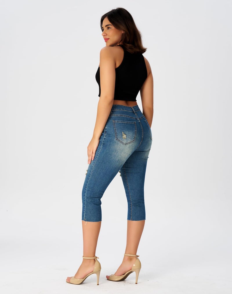 roswear Women's Capri Jeans Ripped Stretch Denim Capris Mid Rise Skinny Cropped Pants Dark Blue Medium - Image 4