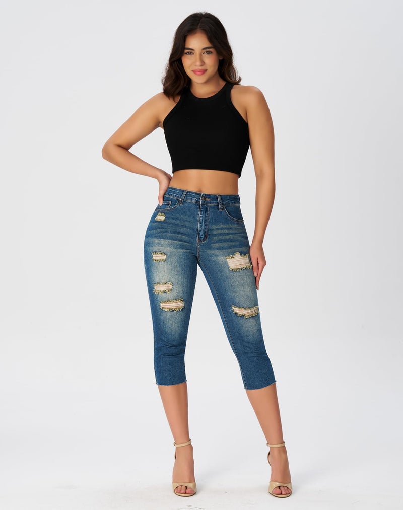 roswear Women's Capri Jeans Ripped Stretch Denim Capris Mid Rise Skinny Cropped Pants Dark Blue Medium - Image 3