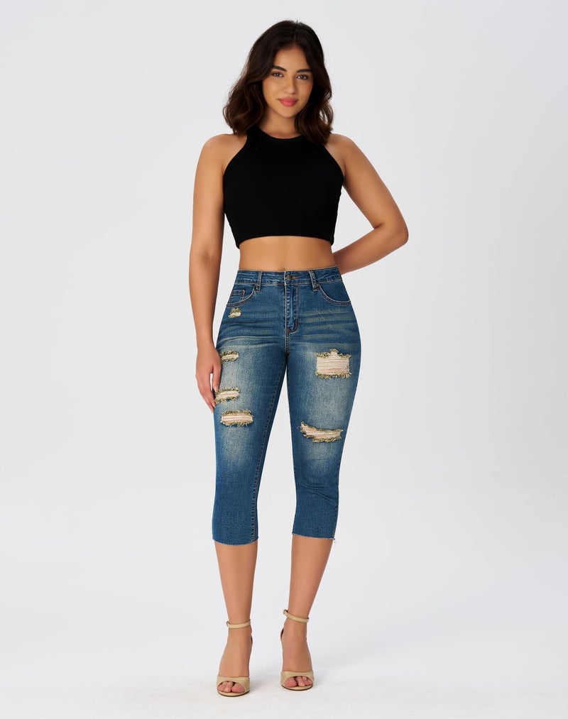 roswear Women's Capri Jeans Ripped Stretch Denim Capris Mid Rise Skinny Cropped Pants Dark Blue Medium - Image 2