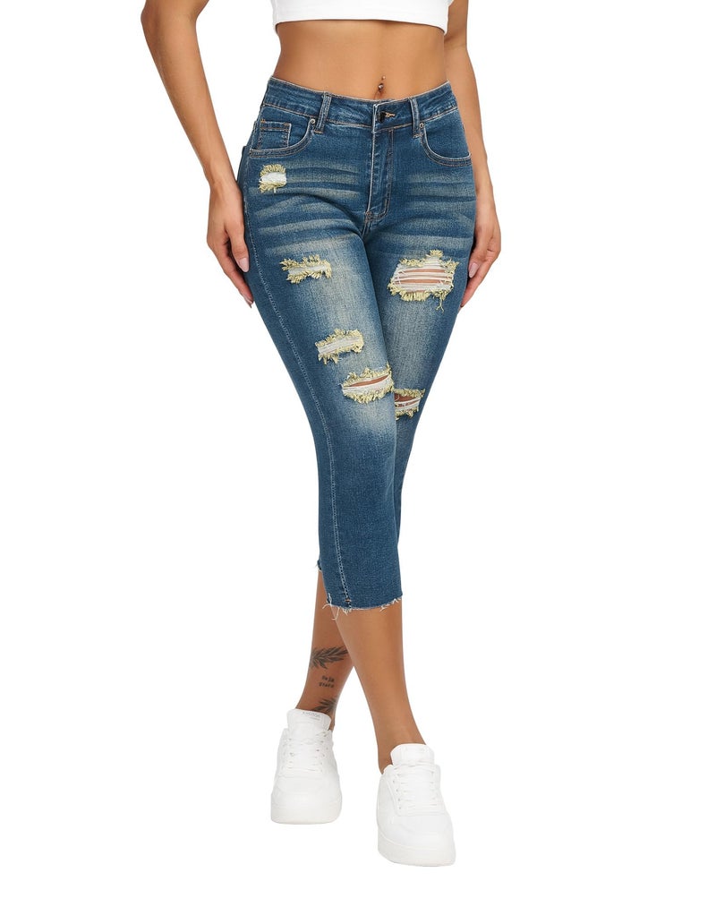 roswear Women's Capri Jeans Ripped Stretch Denim Capris Mid Rise Skinny Cropped Pants Dark Blue Medium - Image 1