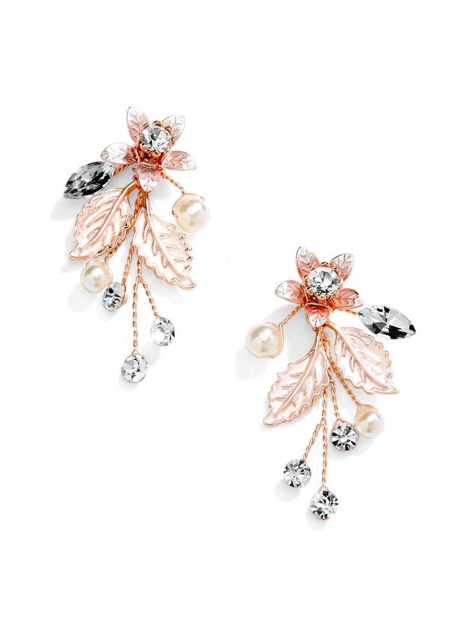 Mariell Bridal And Wedding Rose Gold Handmade Dangle Earrings With Clear Crystal Gems And Ivory Pearls  - Image 1