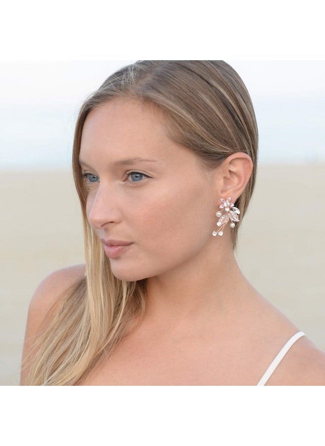 Mariell Bridal And Wedding Rose Gold Handmade Dangle Earrings With Clear Crystal Gems And Ivory Pearls  - Image 2