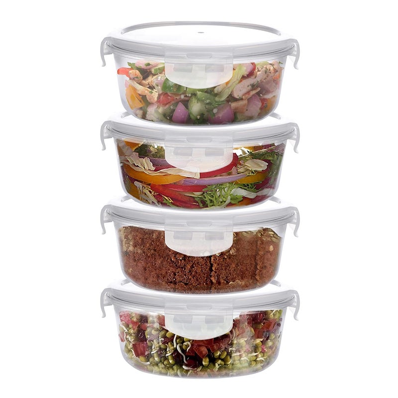 SIMPARTE Borosilicate Safe Lock Round Glass Food Container with Lock Lid for Microwave Safe Oven Safe Air tight Leakproof Lunch TIffin Box 400ml Set of 4 - Image 1