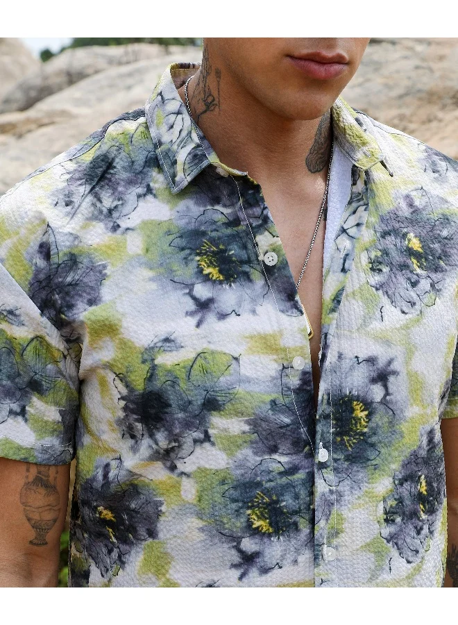 CAHOOT  Men's Navy Blue & Powder White Smudged Botanical Shirt For Casual Wear | Spread Collar | Short Sleeve | Button Closure | Shirt Crafted With Comfort Fit For Everyday Wear for Men | Best Price UAE