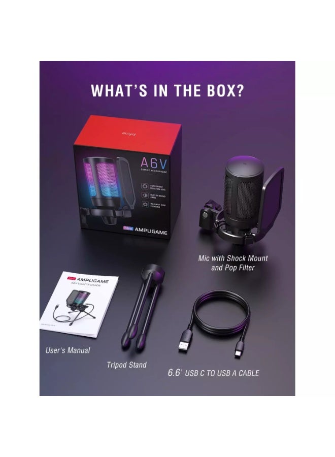 FIFINE A6V Gaming USB Microphone for PC PS5, Condenser Mic with Quick Mute, RGB Indicator, Tripod Stand, Pop Filter, Shock Mount, Gain Control for Streaming Discord Twitch Podcasts Videos- AmpliGame - Image 3