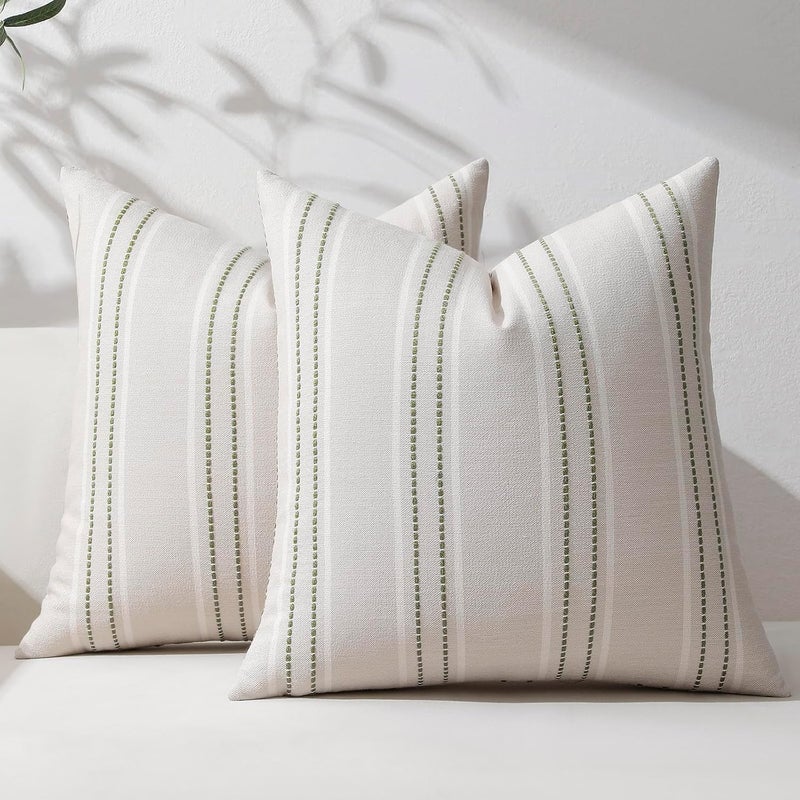 Hckot Sage Green Throw Pillow Covers 16x16 Set of 2 Striped Pillow Covers Christmas Decorative Pillows Square Cushion Covers for Sofa Couch Bed Living Room Farmhouse Decor, Green - Image 1