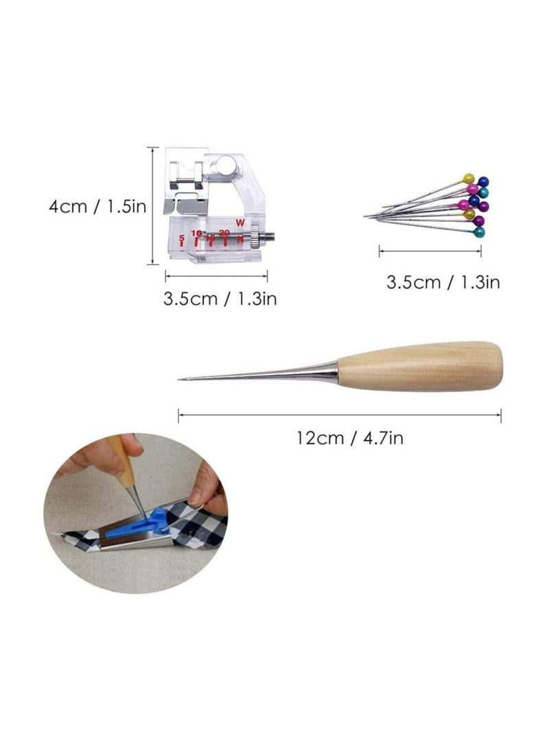 مجموعة أدوات صانع شريط الانحياز، مع 6 مم / 9 مم / 12 مم / 18 مم / 25 مم، تشمل إبرة خشبية، قدم قابلة للتعديل، 4 مشابك خياطة، 50 دبوس كروي، مناسبة للخياطة والت quilting للأقمشة. - Image 3
