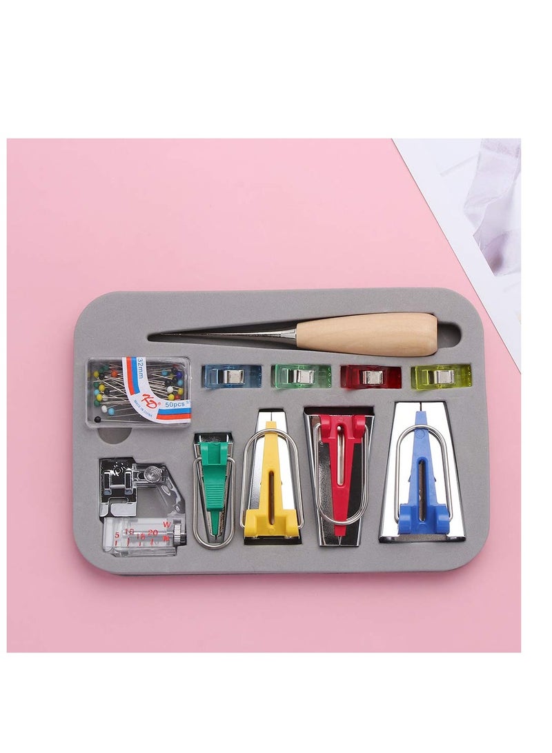 مجموعة أدوات صانع شريط الانحياز، مع 6 مم / 9 مم / 12 مم / 18 مم / 25 مم، تشمل إبرة خشبية، قدم قابلة للتعديل، 4 مشابك خياطة، 50 دبوس كروي، مناسبة للخياطة والت quilting للأقمشة. - Image 4