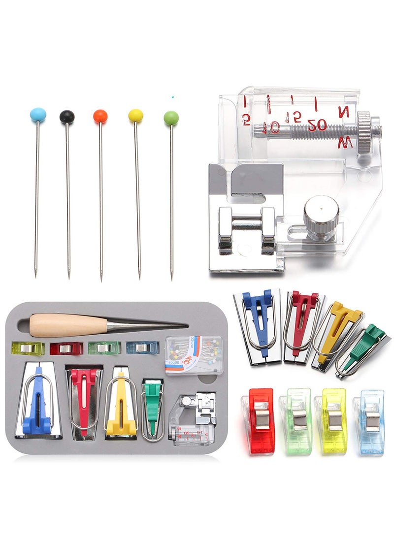 مجموعة أدوات صانع شريط الانحياز، مع 6 مم / 9 مم / 12 مم / 18 مم / 25 مم، تشمل إبرة خشبية، قدم قابلة للتعديل، 4 مشابك خياطة، 50 دبوس كروي، مناسبة للخياطة والت quilting للأقمشة. - Image 1