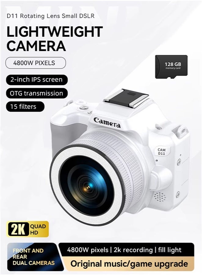 Generic D11 Swivel Lens Digital Camera: 48MP HD Vlogging DSLR, 2-inch IPS, 16X Zoom & Auto Focus | Dual Selfie Cam, 128GB Card Included, Portable Travel Photography（White） - Image 1