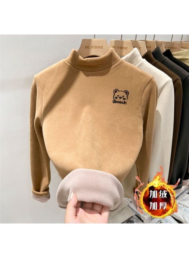 Children's Fleece-lined Thermal Underwear, Thickened For Autumn And Winter, Boys And Girls Semi-high Neck Warm Clothing, Long Sleeve T-shirt For Older Children