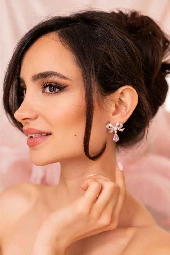 Grand Duchess' Bow and Pink Crystal Silver Earrings
