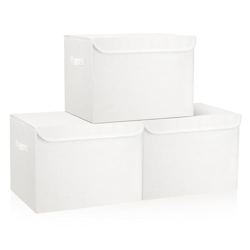 Bagnizer Large 17" 42 Quarts Collapsible Stackable Storage Bins with Lids [3-Pack] Foldable Fabric Linen Storage Boxes Cube, Closet Organizer Baskets with Label (16.7 x 12 x 12, White) - Image 1