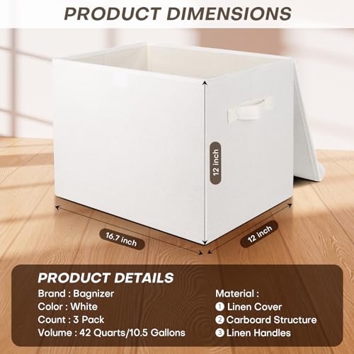 Bagnizer Large 17" 42 Quarts Collapsible Stackable Storage Bins with Lids [3-Pack] Foldable Fabric Linen Storage Boxes Cube, Closet Organizer Baskets with Label (16.7 x 12 x 12, White) - Image 2