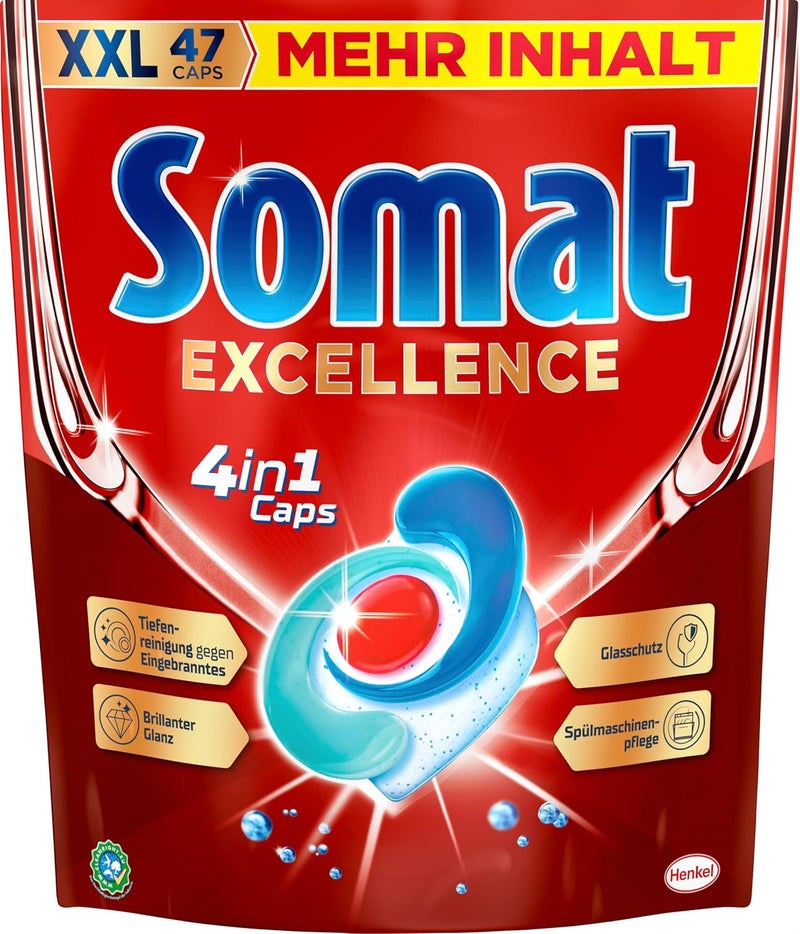 Somat كبسولات سومات إكسيلنس 4 في 1 (141 كبسولة)، أقراص غسالة الصحون سريعة الذوبان، كبسولات سومات للتنظيف الممتاز واللمعان حتى في البرنامج الاقتصادي وفي درجات الحرارة ا��منخفضة - Image 2