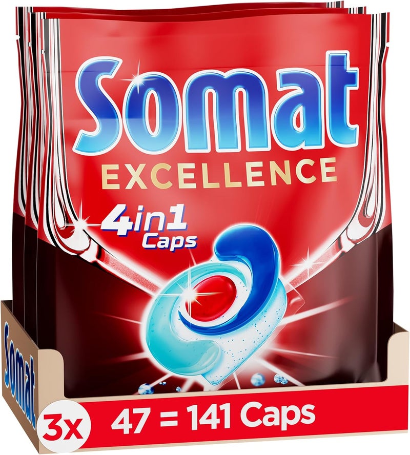 Somat كبسولات سومات إكسيلنس 4 في 1 (141 كبسولة)، أقراص غسالة الصحون سريعة الذوبان، كبسولات سومات للتنظيف الممتاز واللمعان حتى في البرنامج الاقتصادي وفي درجات الحرارة ا��منخفضة - Image 1