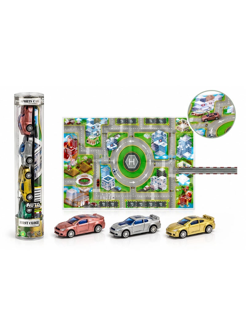 1st Choice First Choice Kids' City Street Play Mat with 4 Metal Race Cars – Interactive City Map for Skill Development – ​​Safe, Educational Toy - Image 1
