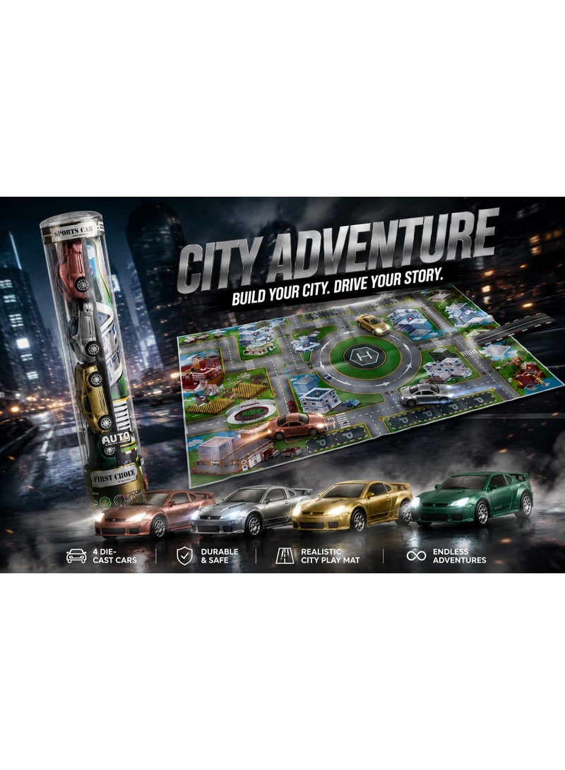 1st Choice First Choice Kids' City Street Play Mat with 4 Metal Race Cars – Interactive City Map for Skill Development – ​​Safe, Educational Toy - Image 3