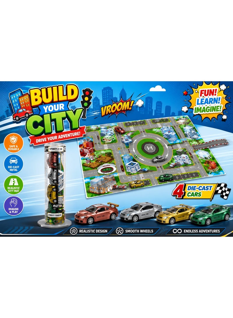 1st Choice First Choice Kids' City Street Play Mat with 4 Metal Race Cars – Interactive City Map for Skill Development – ​​Safe, Educational Toy - Image 2