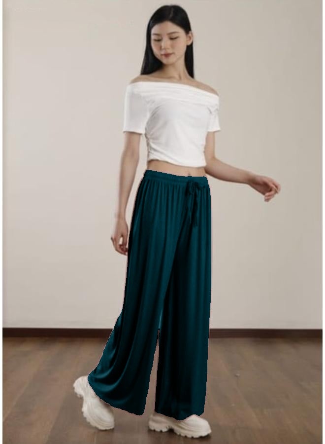 بنطال Palazzo نسائي واسع الساق من القطن المضلع KU401 - Image 4