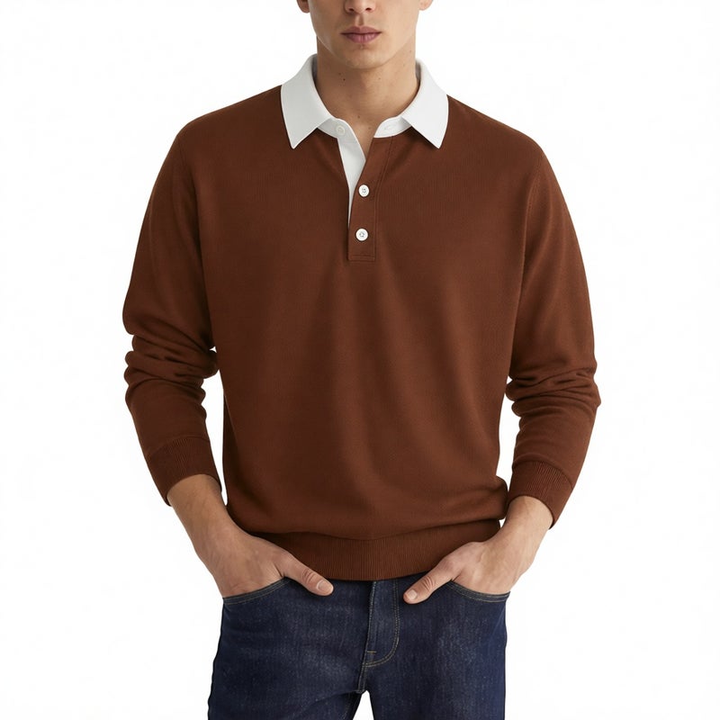 Men's Long Sleeve Button Polo Shirt Casual Top - Image 1