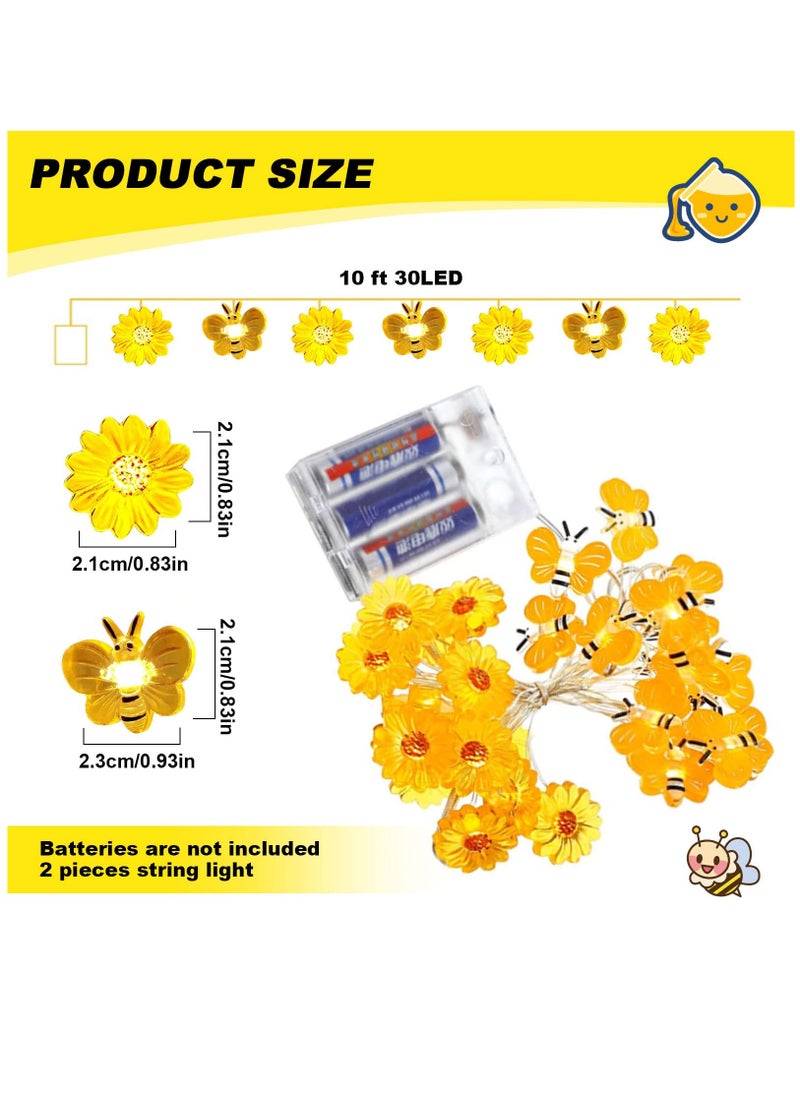 Captaintech 2Pcs Honey Bee Fairy String Lights, Solar String Lights For Outside, 10FT 30LED Bumble Bee And Sunflower Fairy Lights Solar Powered, Bee Decorations String Lights For Party Baby Shower Bedroom  - Image 2