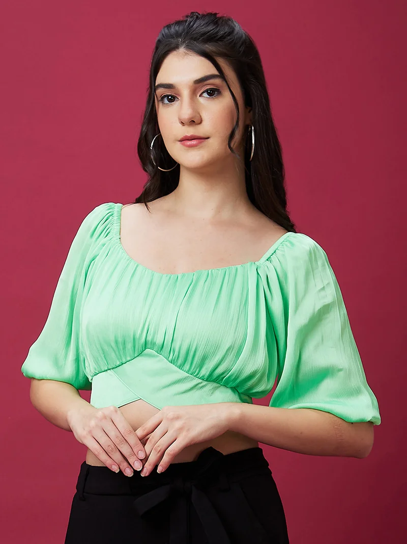 globus Women Green Square Neck Puff Sleeve Waist Tie-Up Fitted Crop Top