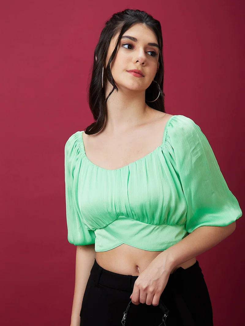 globus Women Green Square Neck Puff Sleeve Waist Tie-Up Fitted Crop Top