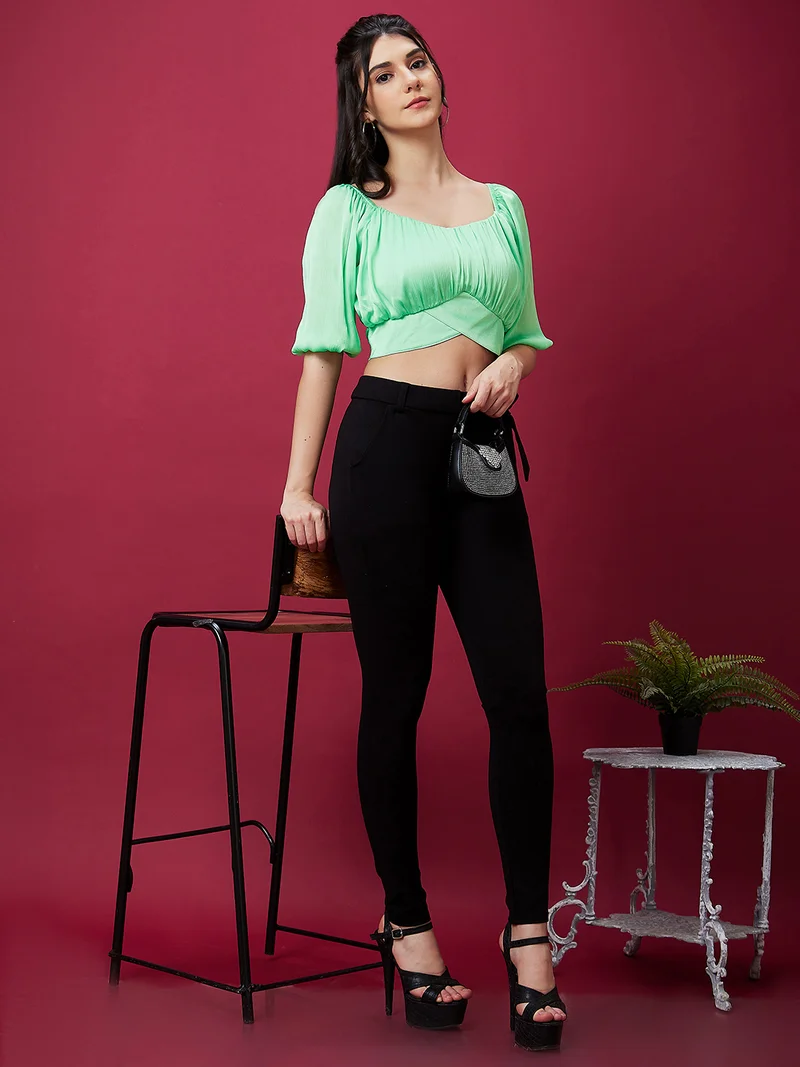 globus Women Green Square Neck Puff Sleeve Waist Tie-Up Fitted Crop Top