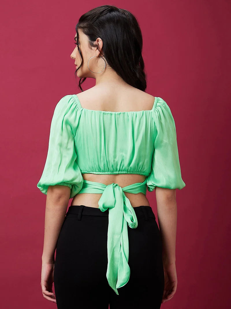 globus Women Green Square Neck Puff Sleeve Waist Tie-Up Fitted Crop Top