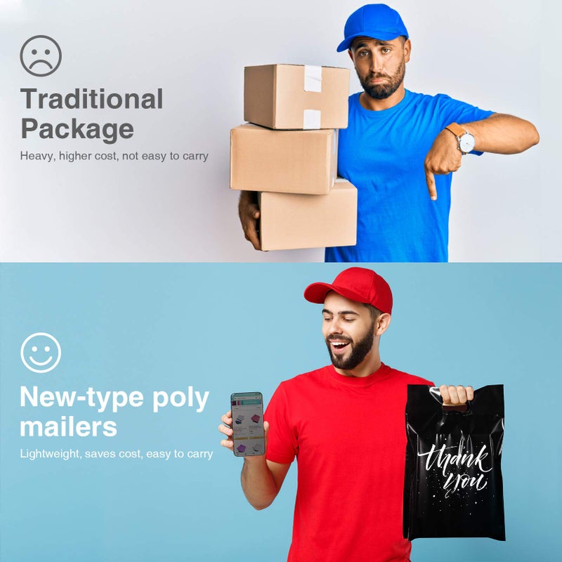Metronic Thank You Poly Mailers 12x15.5 100 Pcs, Easy to Carry Shipping Bags with Handle, Self Seal Mailers Poly Bags for Small Business Packing and Shipping, Cute Package Bags Mailing Bags, Black - Image 3