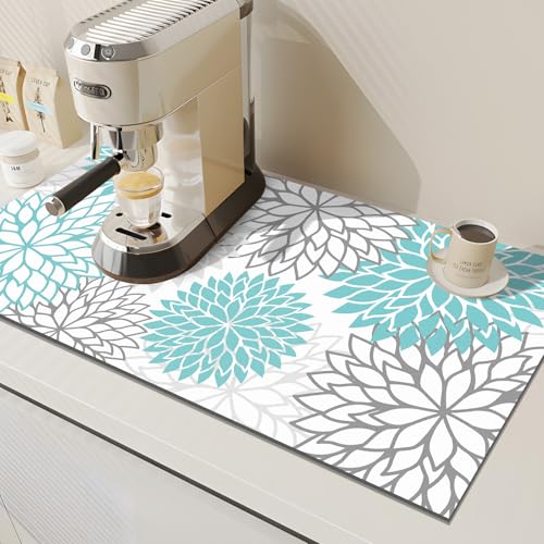 Findosom 2PCS 12" x 20" Dish Drying Mat & 24" x 5.5" Sink Splash Guard, Super Absorbent & Cuttable Dish Mat Drying Kitchen Mat with Teal Floral, Hide Stain Drying Mat for Kitchen Counter - Image 5