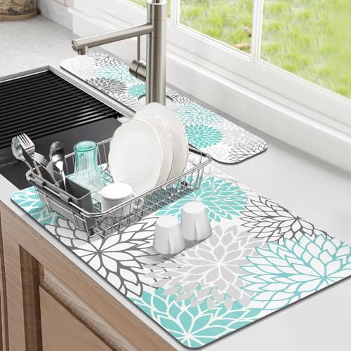 Findosom 2PCS 12" x 20" Dish Drying Mat & 24" x 5.5" Sink Splash Guard, Super Absorbent & Cuttable Dish Mat Drying Kitchen Mat with Teal Floral, Hide Stain Drying Mat for Kitchen Counter - Image 1