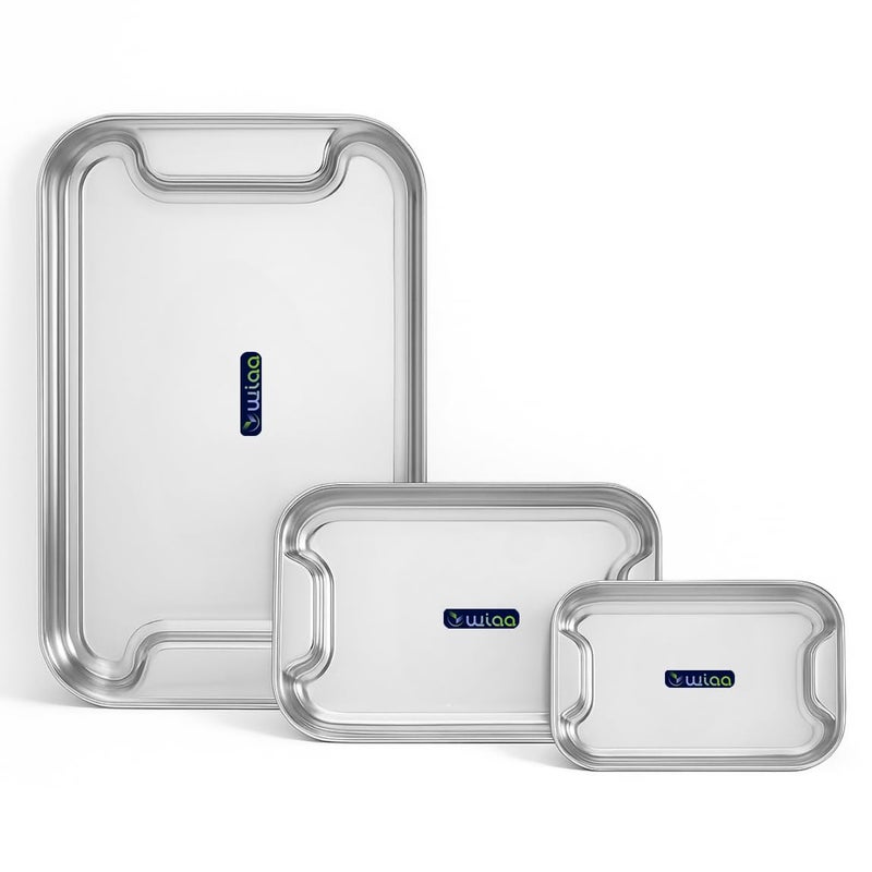 WIAA Stainless Steel Serving Tray Set for Kitchen | Rectangular Plate for Tea, Snacks & Food | Unbreakable & Stackable Utility Trays for Home, Hotel, and Dining Use (Pack of 3) - Image 5