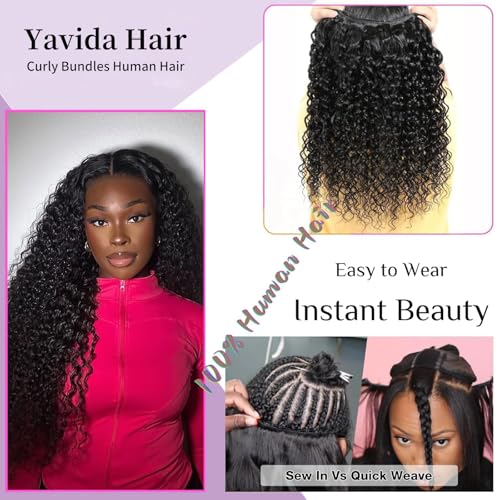Yavida Curly Bundles Human Hair Kinky Curly Human Hair Bundles 100% Unprocessed Brazilian Virgin Curly Hair Bundles 12 14 16 Inch Quick Weave for Women Double Weft Natural Black - Image 3