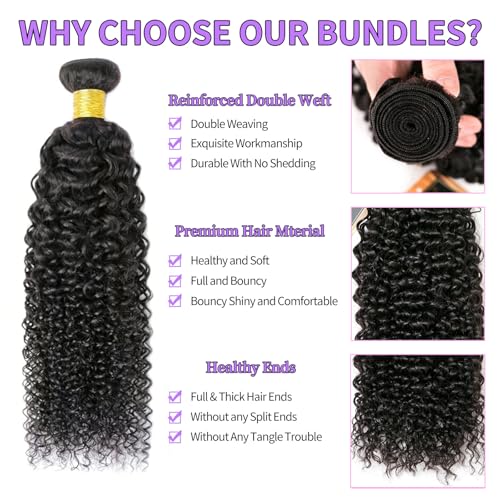 Yavida Curly Bundles Human Hair Kinky Curly Human Hair Bundles 100% Unprocessed Brazilian Virgin Curly Hair Bundles 12 14 16 Inch Quick Weave for Women Double Weft Natural Black - Image 2