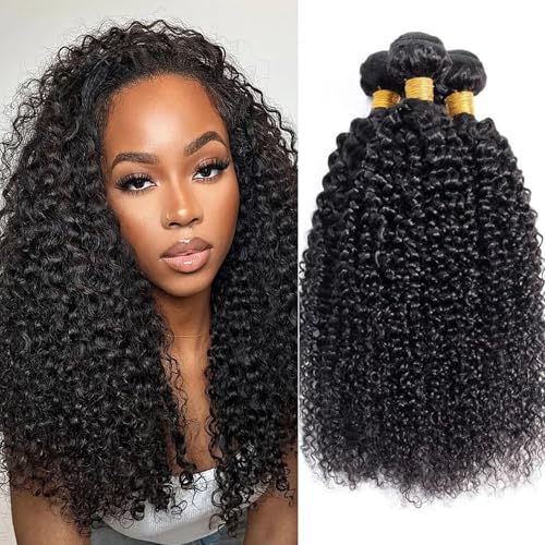 Yavida Curly Bundles Human Hair Kinky Curly Human Hair Bundles 100% Unprocessed Brazilian Virgin Curly Hair Bundles 12 14 16 Inch Quick Weave for Women Double Weft Natural Black - Image 1
