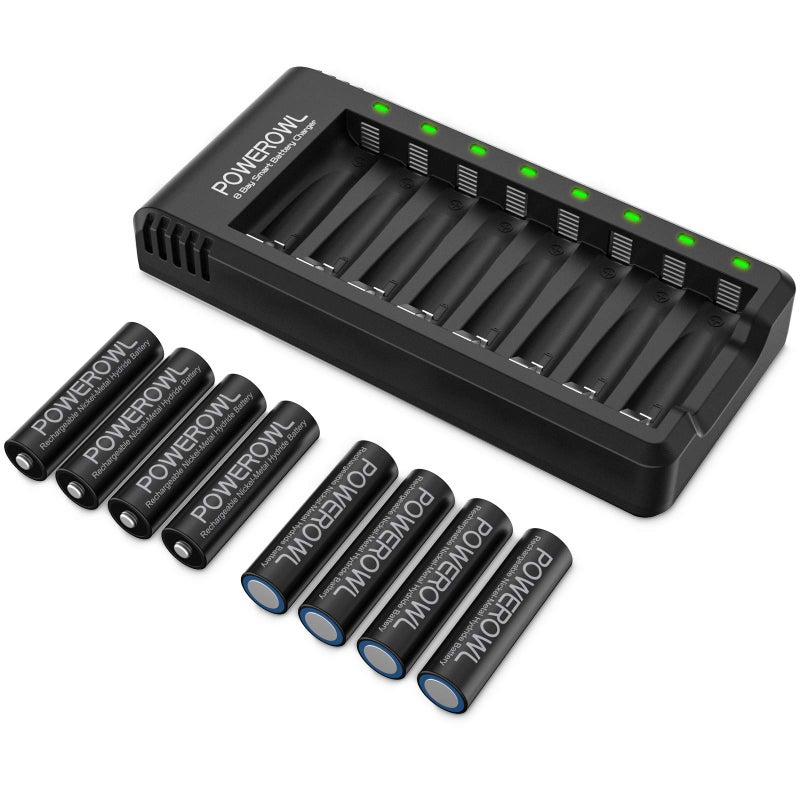 POWEROWL Rechargeable AA Batteries with Charger, 8 Pack of 2800mAh High Capacity Low Self Discharge Ni-MH Double A Batteries with Smart 8 Bay Battery Charger (USB Fast Charging, Independent Slot) - Image 1