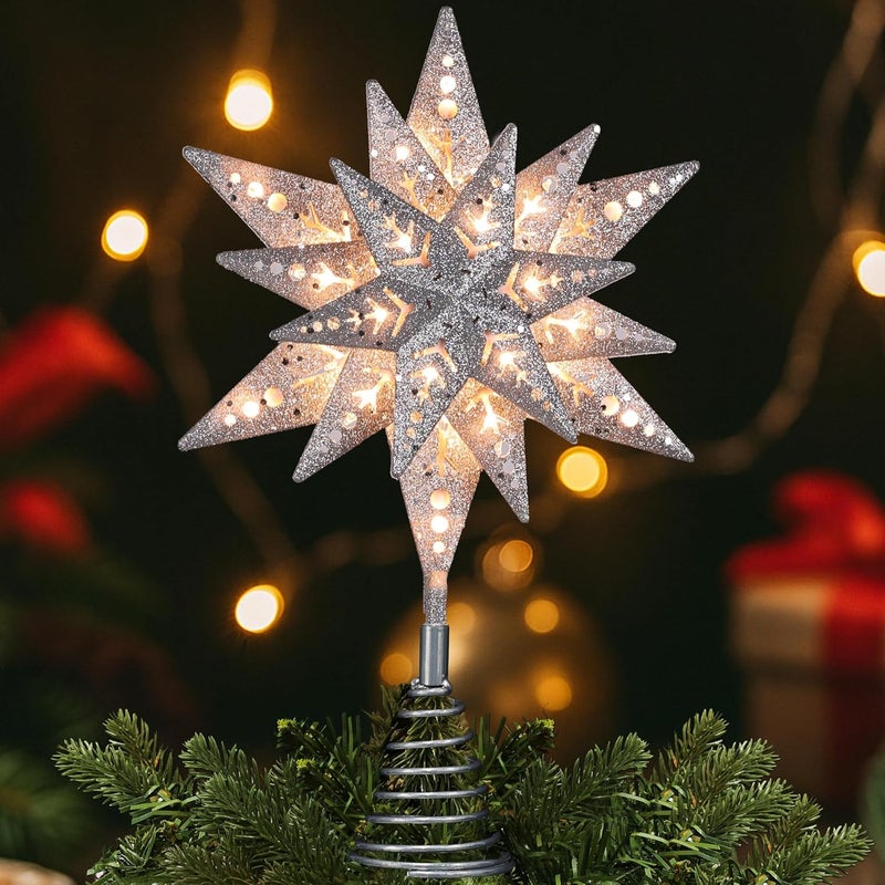 ODEETRONIC Silver Glittered Snowflake Tree Topper, 8 in 3D Christmas Tree Star Topper with 25 Clear Lights, 120V UL Certified Snowflake Tree Toppers, Warm Silver Tree Toppers for Xmas Tree Party Decor - Image 1