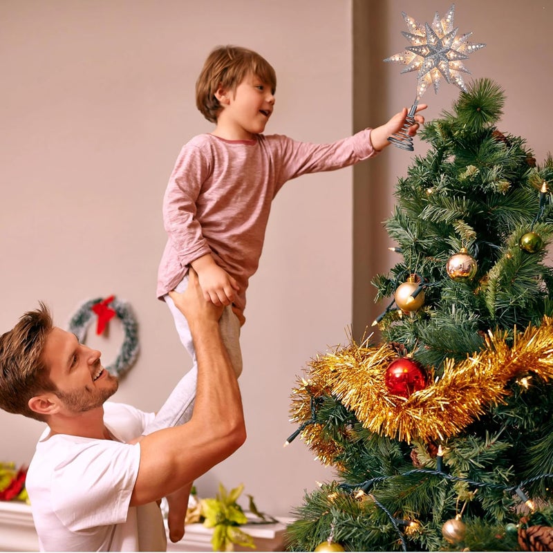 ODEETRONIC Silver Glittered Snowflake Tree Topper, 8 in 3D Christmas Tree Star Topper with 25 Clear Lights, 120V UL Certified Snowflake Tree Toppers, Warm Silver Tree Toppers for Xmas Tree Party Decor - Image 5